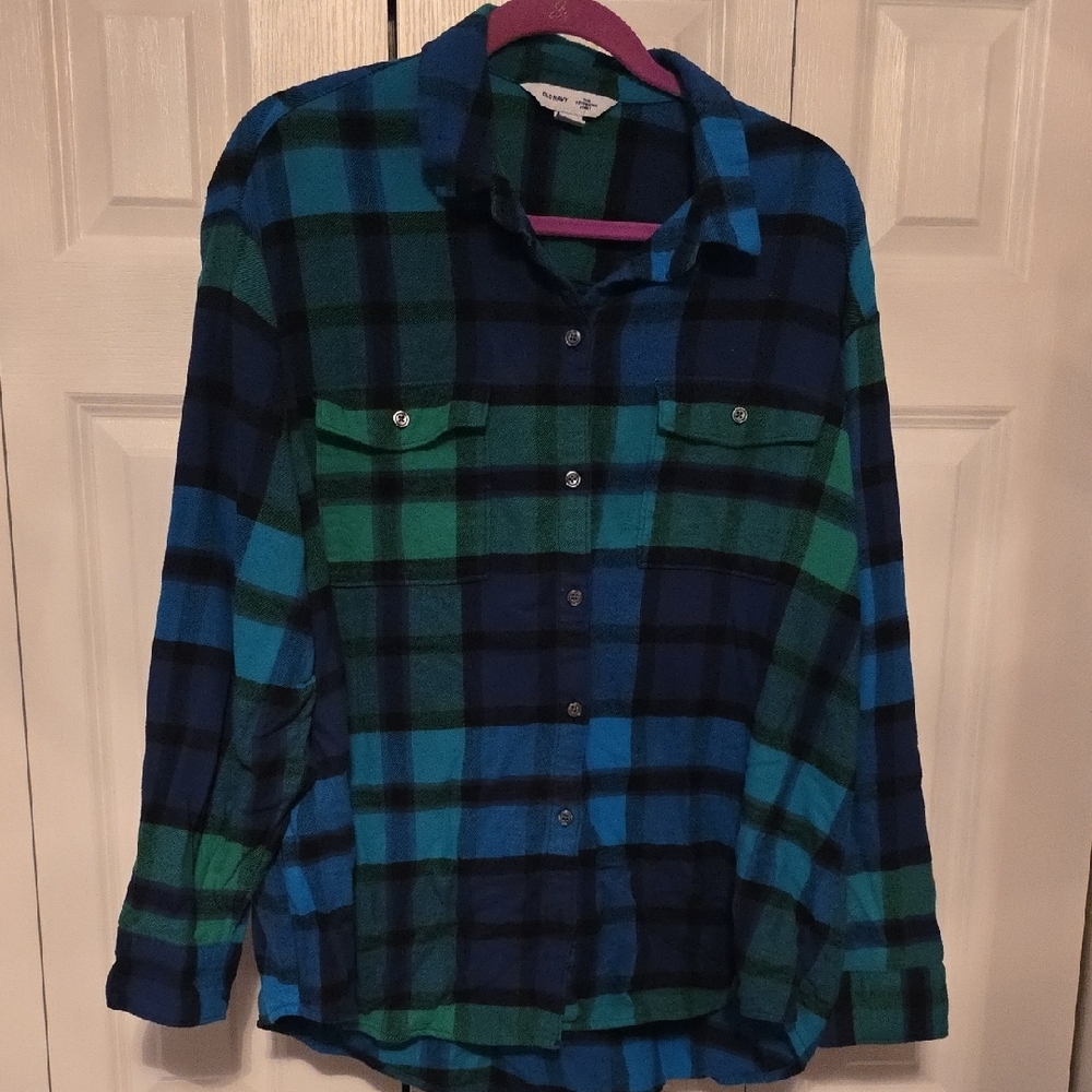 Old Navy Teal and Navy Plaid Shirt